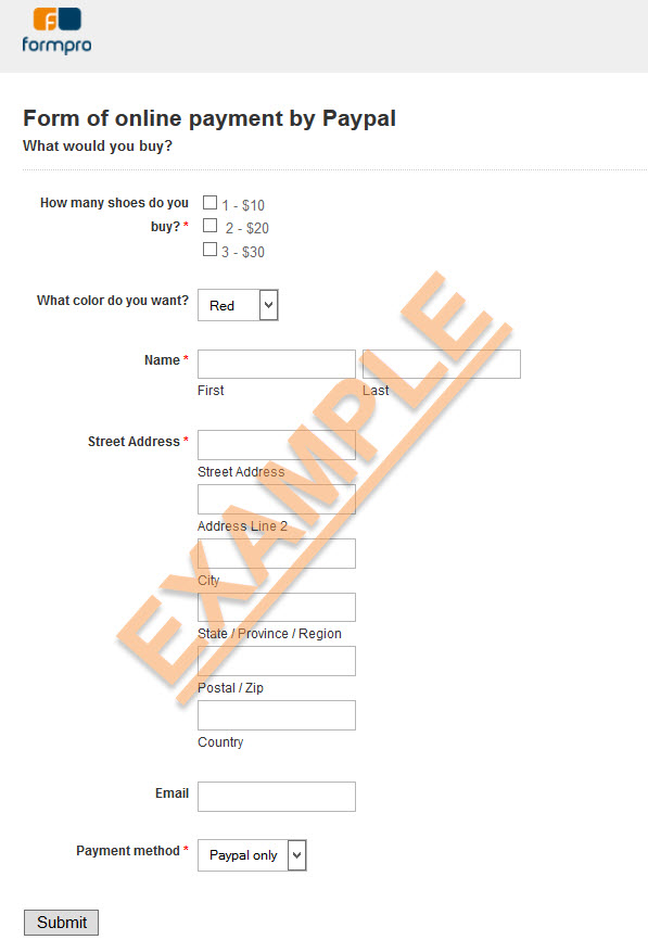 Paypal Payment form sample by Formpro