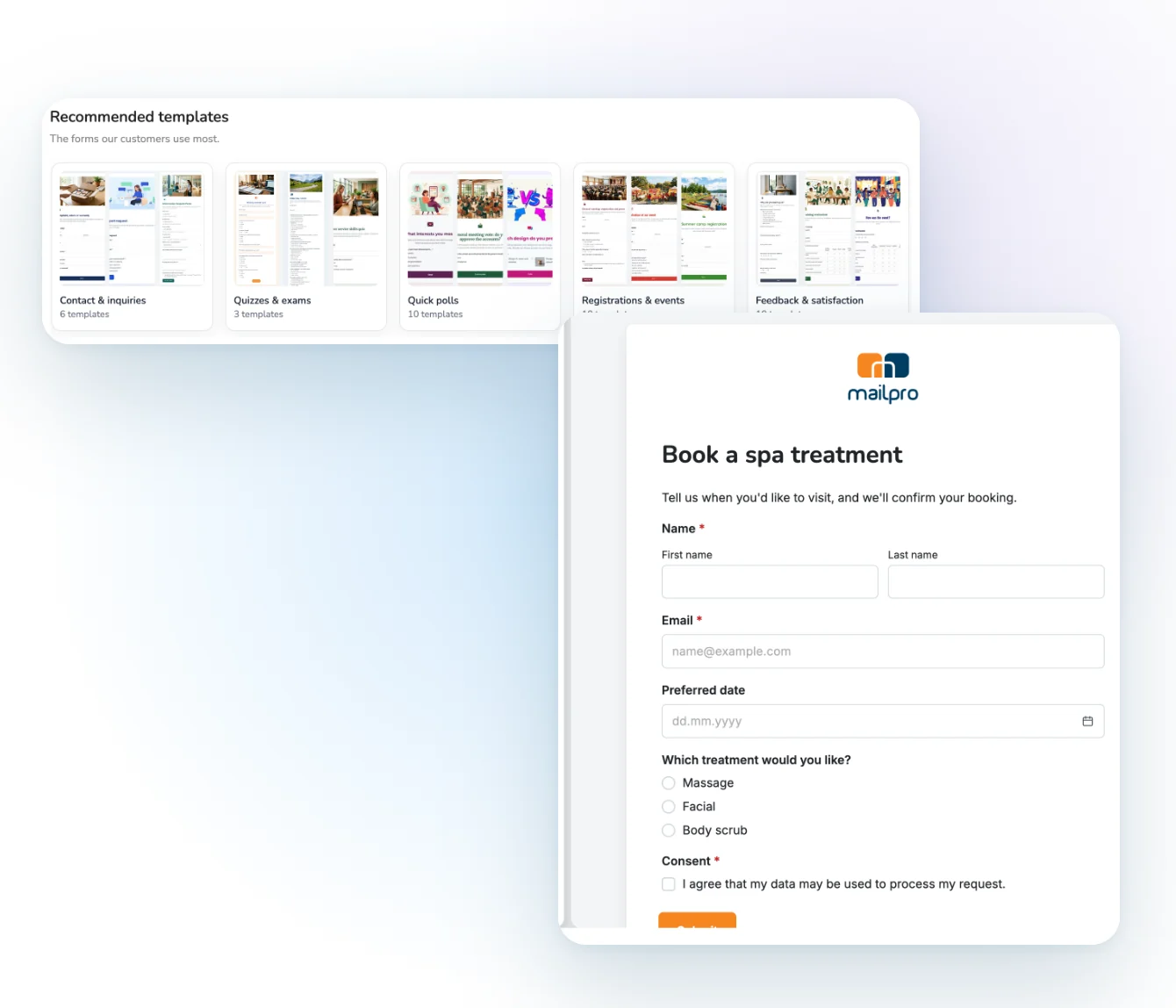 The Mailpro form template gallery and a booking form in the Mailpro form builder